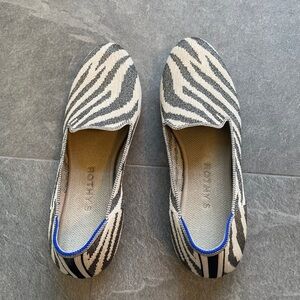 Rothy's Black & White Zebra Knit Slip-On Loafers with Blue Trim